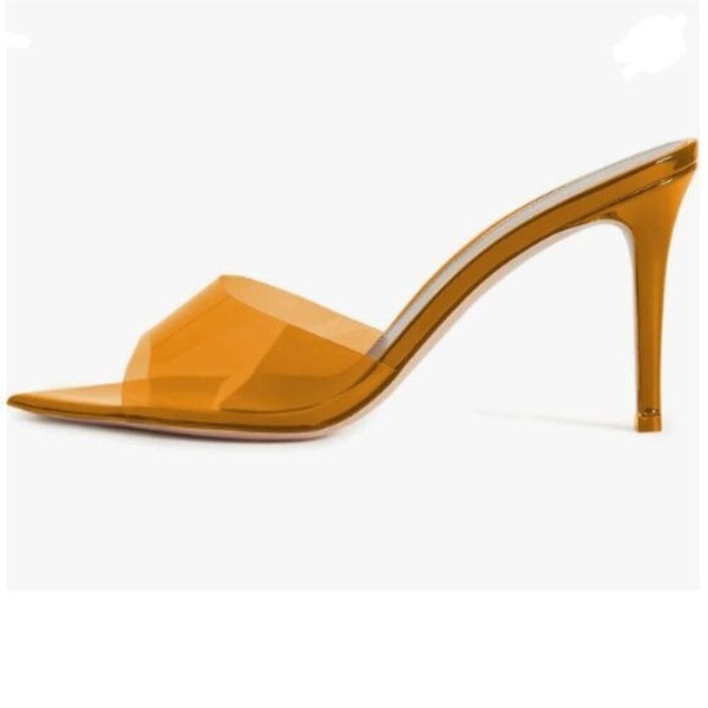 FOWT Orange PVC Mules ,Pointed Open Toe Transparent Women's Slippers Stiletto He